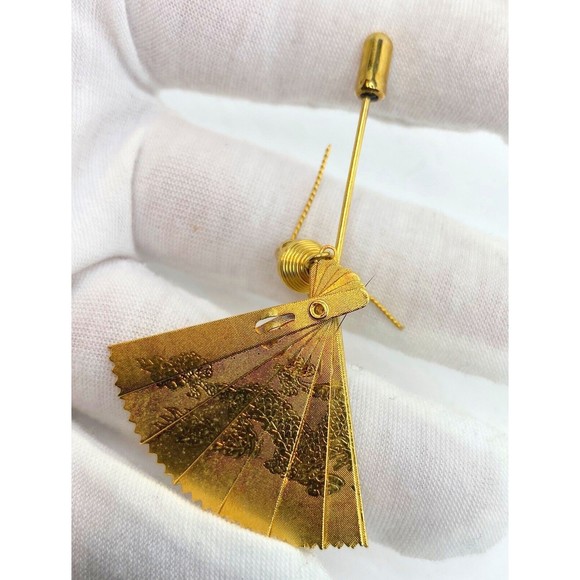 Vintage Adjustable Asian Theme Gold Tone Fan Stick Pin - Picture 4 of 13